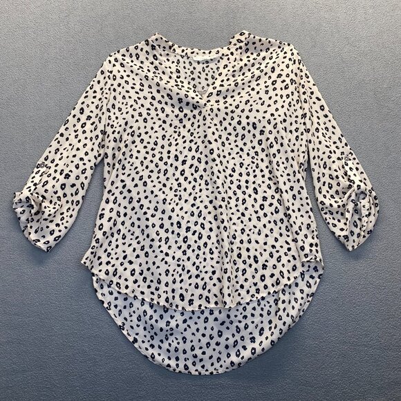 Lush‎ Womens Animal Print Blouse Top Large Cream Black 3/4 Tab Sleeve Popover - Picture 1 of 10